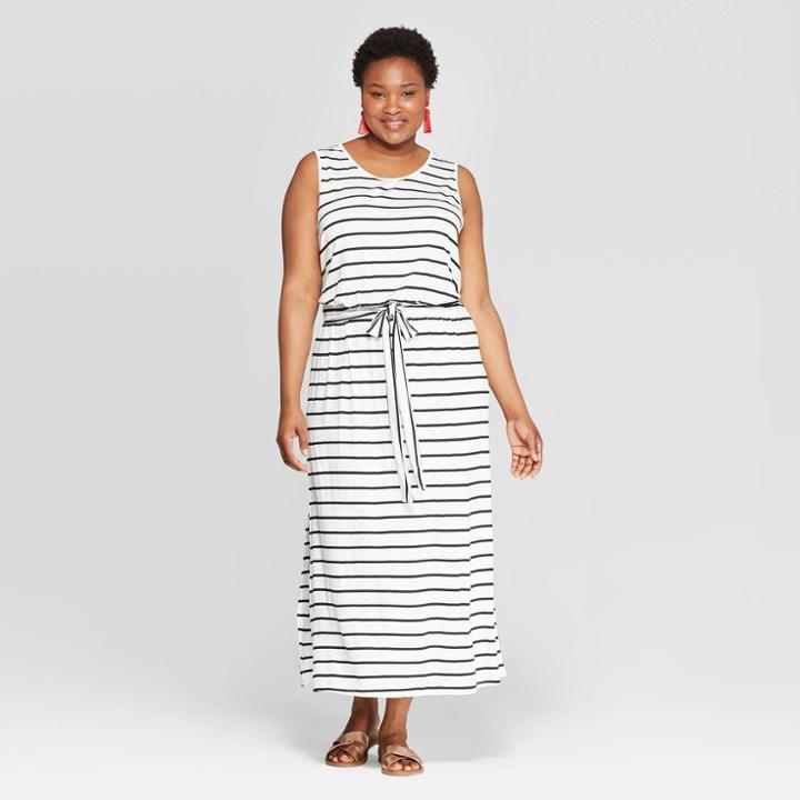 Women's Plus Size Striped Sleeveless Scoop Neck Knit Maxi Dress - Ava & Viv Black/white