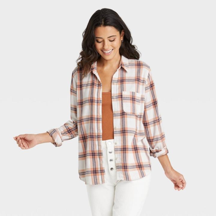 Women's Long Sleeve Flannel Button-down Shirt - Universal Thread Brown Plaid
