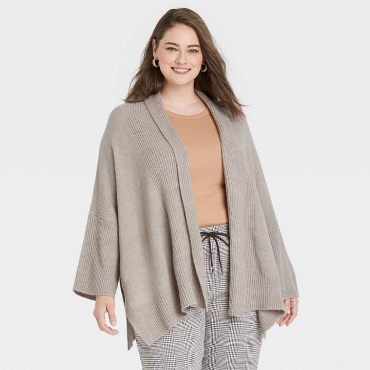 Women's Plus Size Knit Wrap Jacket - A New Day Tan