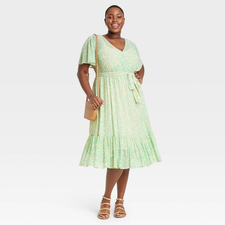 Women's Plus Size Printed Flutter Sleeve Mesh Dress - Ava & Viv
