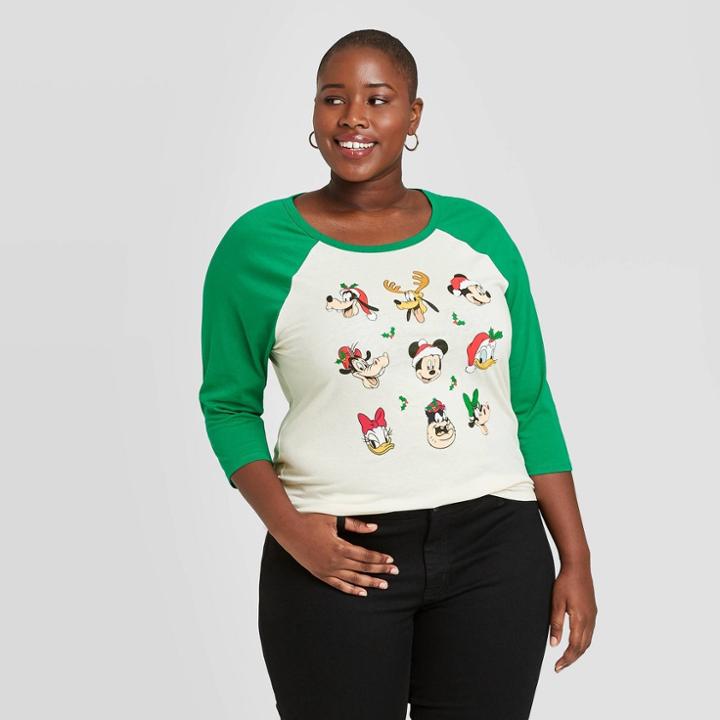 Disney Women's Mickey And Friends Plus Size Christmas 3/4 Raglan Sleeve Graphic T-shirt - Off White