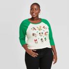 Disney Women's Mickey And Friends Plus Size Christmas 3/4 Raglan Sleeve Graphic T-shirt - Off White