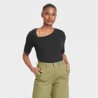 Women's Elbow Sleeve Asymmetrical Neck T-shirt - Who What Wear Black