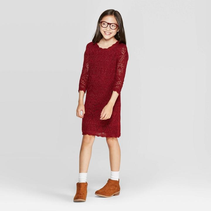 Girls' 3/4 Sleeve Shine Crochet Sweater Dress - Cat & Jack Burgundy L, Girl's, Size: