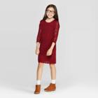 Girls' 3/4 Sleeve Shine Crochet Sweater Dress - Cat & Jack Burgundy L, Girl's, Size: