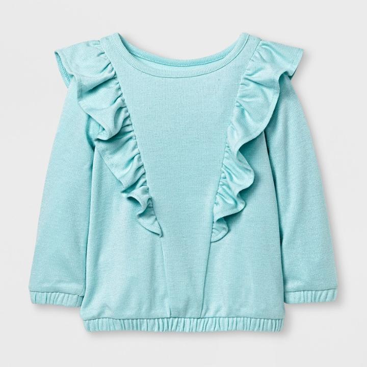 Toddler Girls' Long Sleeve Ruffle Top - Cat & Jack Bleached Aqua 12m, Girl's, Green