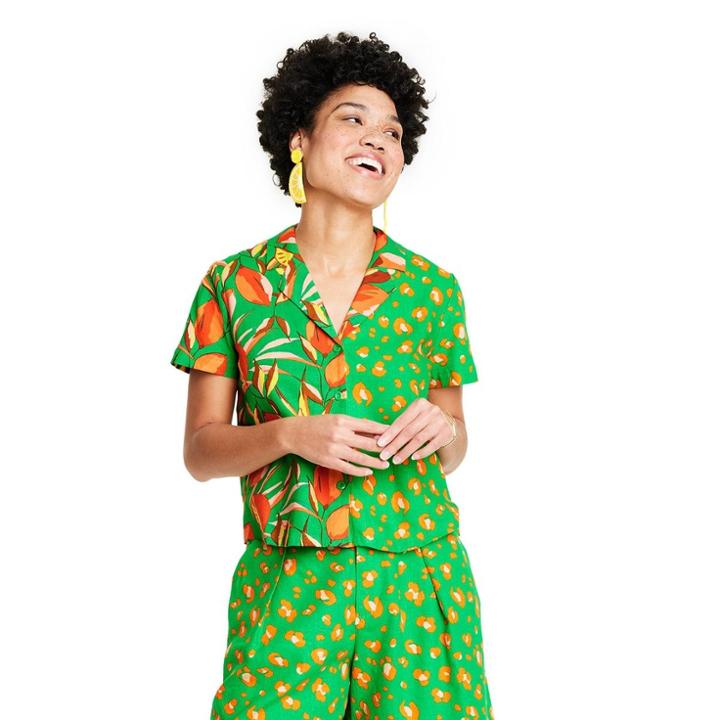 Women's Leopard/orange Print Button-down Shirt - Tabitha Brown For Target Green Xxs