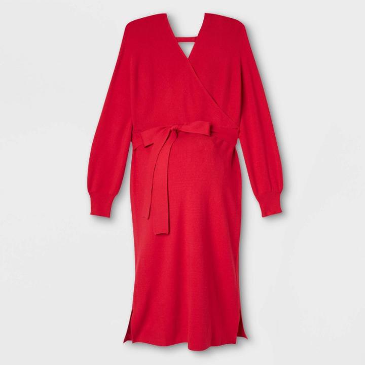 Long Sleeve Wrap Sweater Maternity Dress - Isabel Maternity By Ingrid & Isabel Red