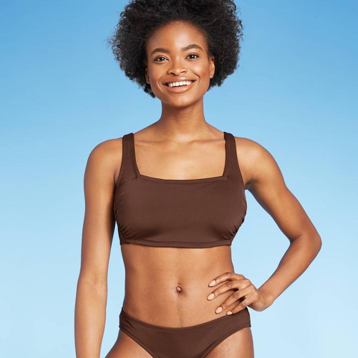 Women's Simple Square Neck Over The Shoulder Bikini Top - Kona Sol Mulberry Brown D/dd Cup