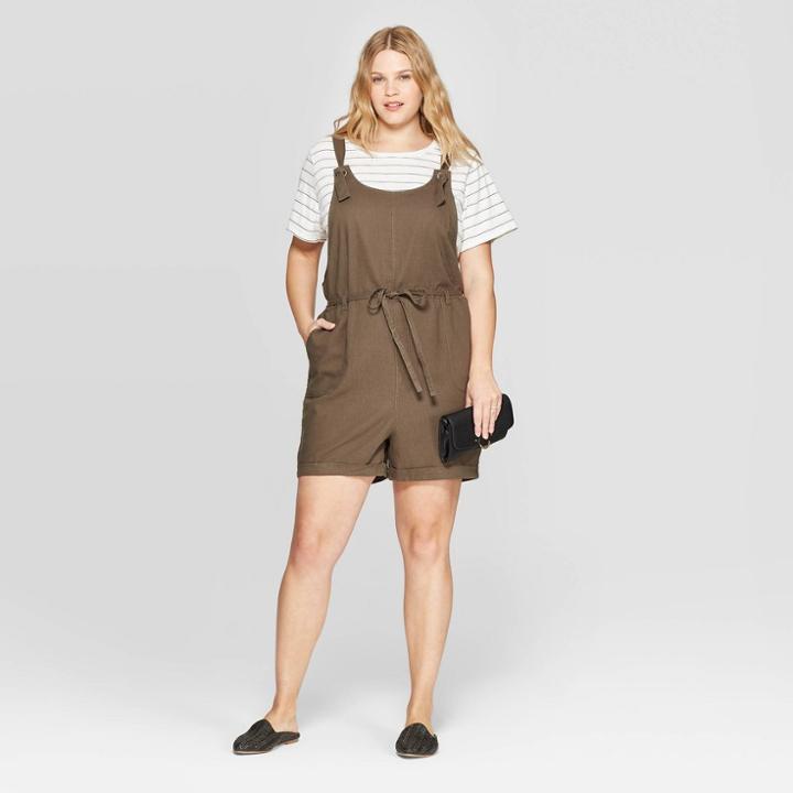 Women's Plus Size Sleeveless Scoop Neck Overall Romper - Universal Thread Olive (green)