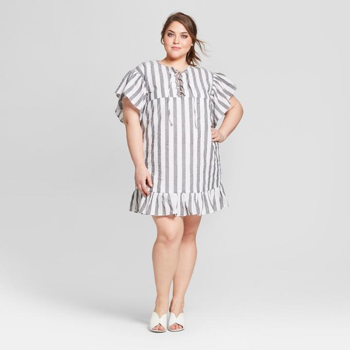 Women's Plus Size Striped Short Sleeve Lace-up Mini Dress - Who What Wear Black/white 3x, Black/white
