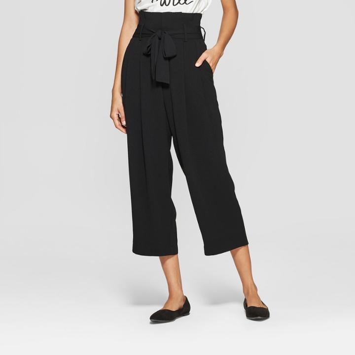 Women's Wide Leg Paperbag Crop Pants - A New Day Black