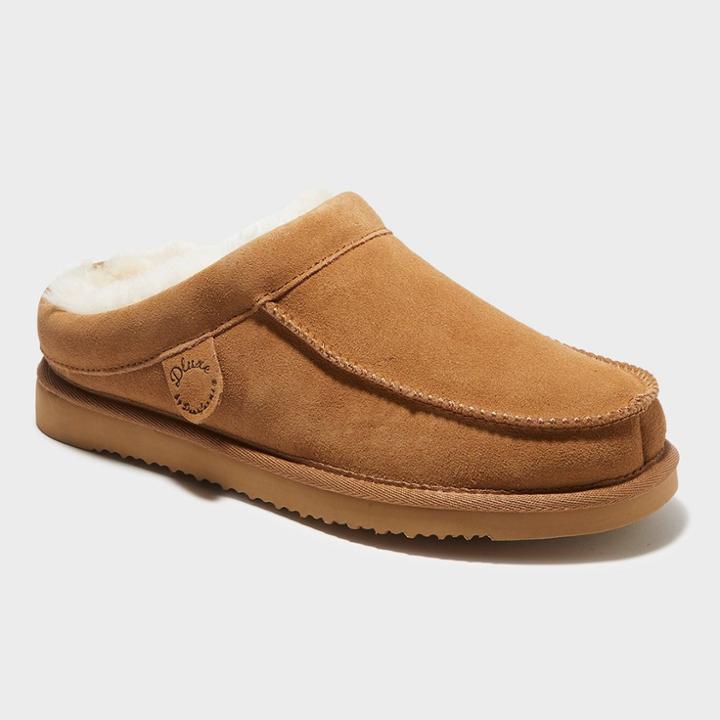 Men's Dluxe By Dearfoams Lith Genuine Shearling Clog Loafer Slippers - Dark Chestnut