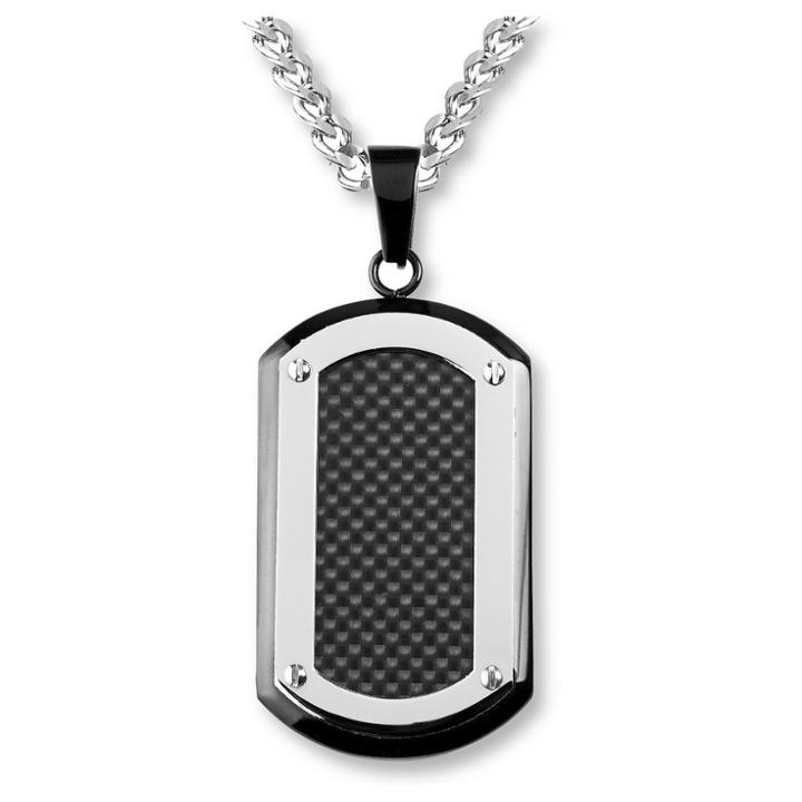 Men's Crucible Blackplated Stainless Steel Carbon Fiber Inlay With Silvertone Edge Dog Tag Pendant, Black