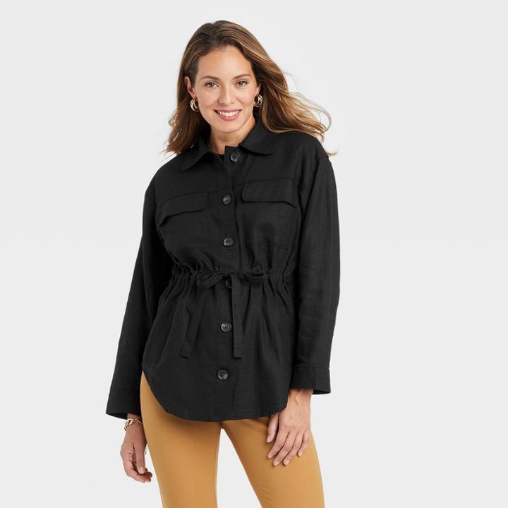 Women's Linen Utility Shirt Jacket - A New Day Black