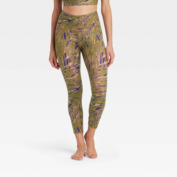 Women's High-rise Zebra Print Criss-cross Waistband 7/8 Leggings - Joylab Army Green