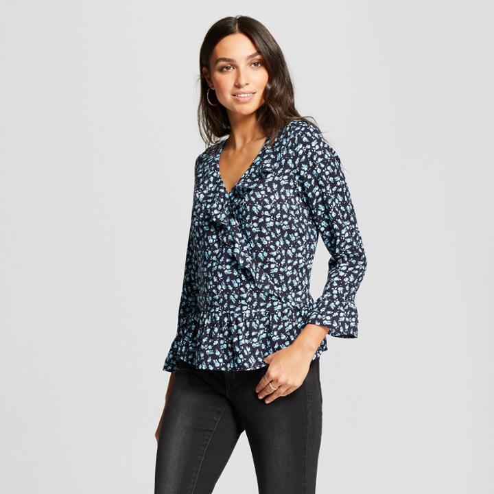 Women's Long Sleeve Floral Ruffle Blouse - Alison Andrews Blue