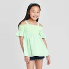 Girls' Smocked Cold Shoulder Woven Top - Cat & Jack Mint Xs, Girl's, Green