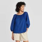 Women's Long Sleeve Eyelet Peasant Top - A New Day Blue