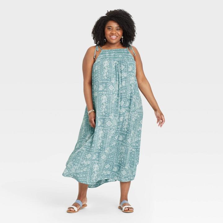 Women's Plus Size Sleeveless Tie-strap Smocked Dress - Knox Rose Teal Multi Burst 1x, Blue