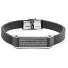Men's West Coast Jewelry Black Leather And Stainless Steel Cable Inlayed Id Plate Bracelet,