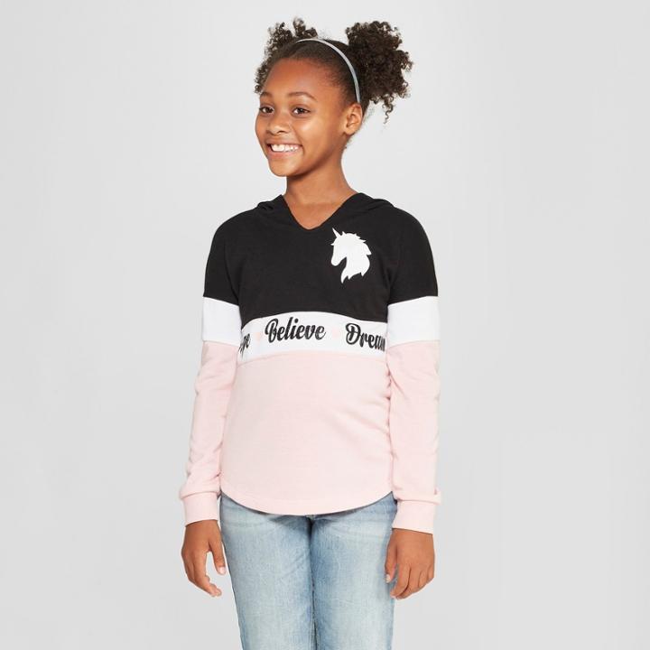 Miss Chievous Girls' Unicorn Graphic Long Sleeve Hoodie - Pink/black M, Black Pink White