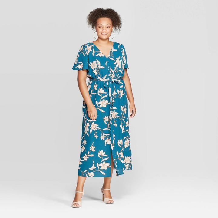 Women's Plus Size Floral Print Short Sleeve V-neck Button Front Maxi Dress - Ava & Viv Teal