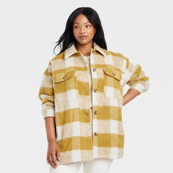 Women's Plus Size Brushed Shirt Jacket - Universal Thread Yellow Plaid