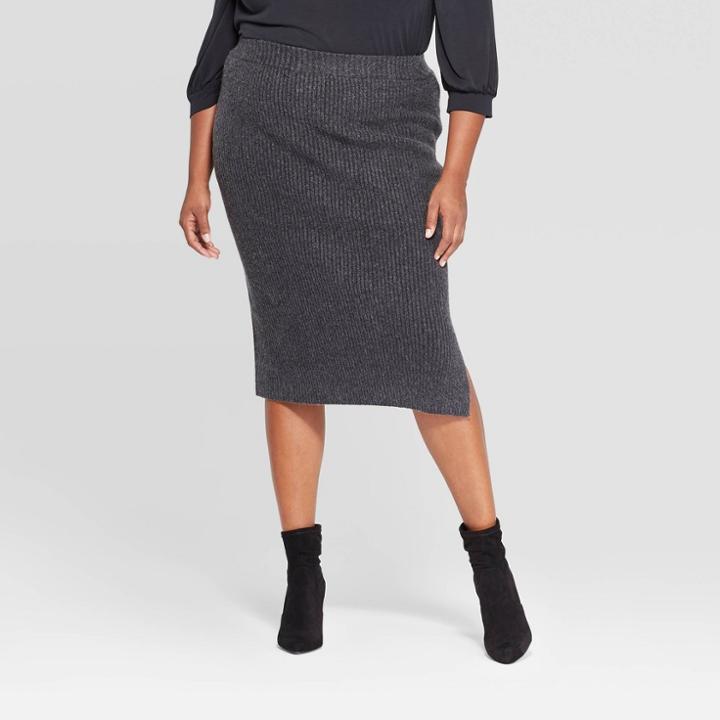 Women's Plus Size Ribbed Midi Skirt - Ava & Viv Dark Heather Gray X, Women's