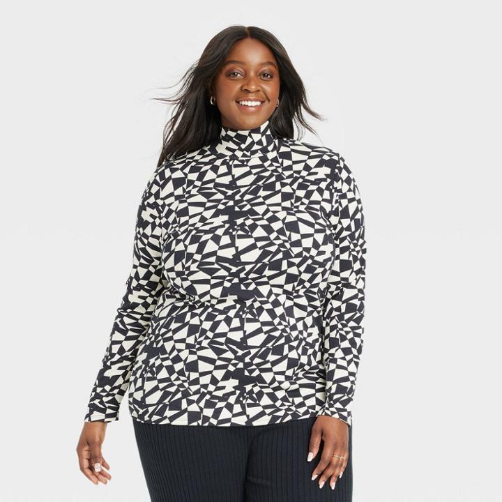Women's Plus Size Long Sleeve Turtleneck T-shirt - Ava & Viv Black Geo