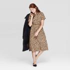 Women's Leopard Print Short Sleeve Collared Midi Shirtdress - A New Day Tan