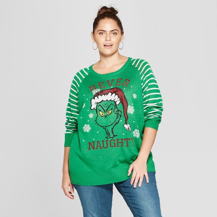 Dr. Seuss Women's The Grinch Plus Size Never Naughty Sweater (juniors') Green