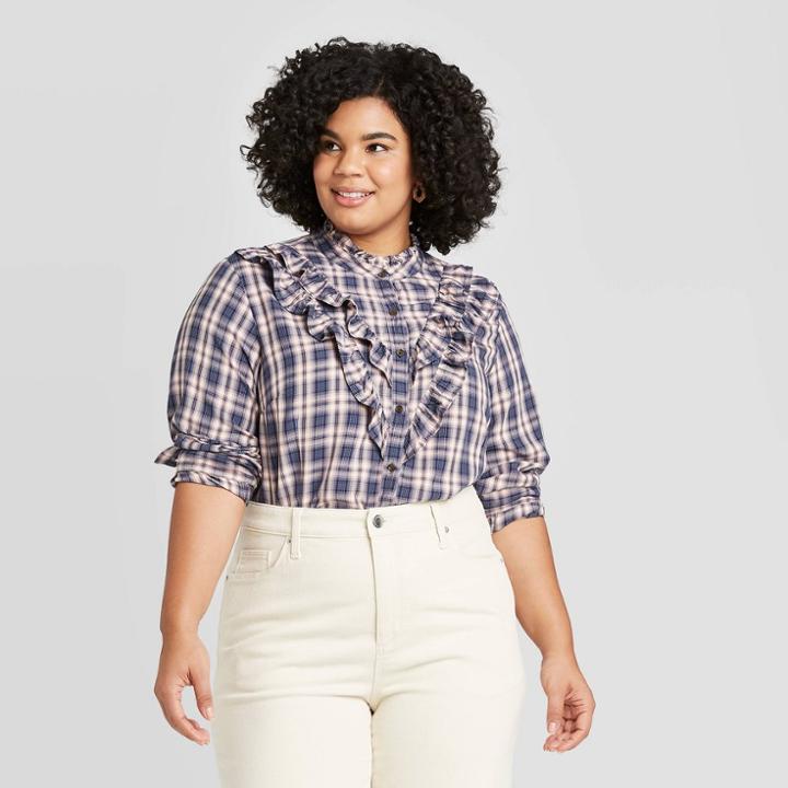 Women's Plus Size Plaid Long Sleeve Mock Turtleneck Ruffle Button-down Top - Universal Thread Navy 1x, Women's, Size: