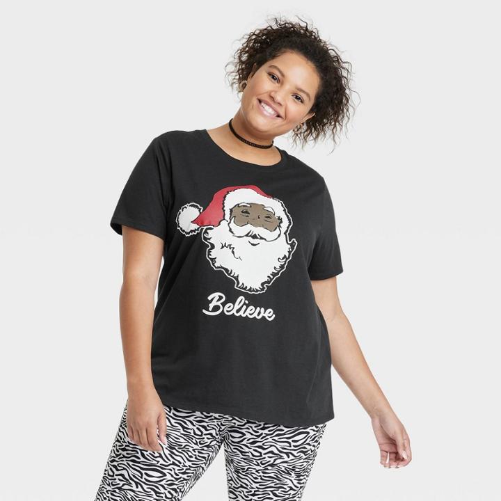 Zoe+liv Women's Plus Size Black Santa Short Sleeve Graphic T-shirt - Black