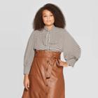 Women's Plus Size Houndstooth Print Balloon Long Sleeve Collared Tie Front Blouse - Who What Wear Black X