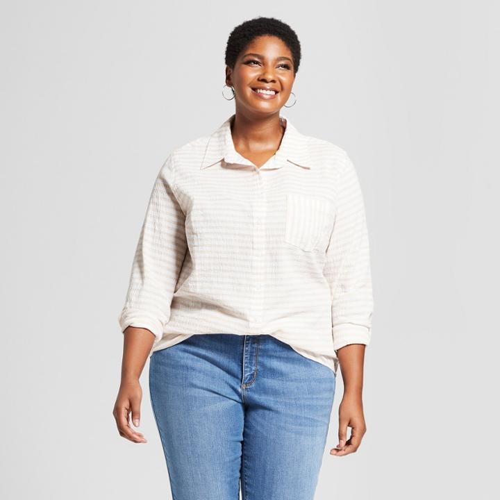 Women's Plus Size Striped Long Sleeve Button-down Shirts - Ava & Viv Tan/white