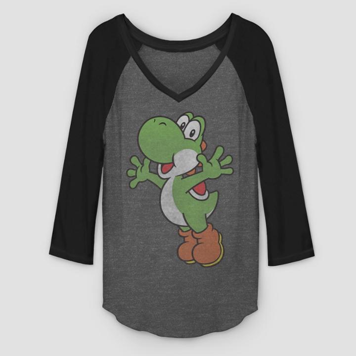 Fifth Sun Women's Nintendo 3/4 Sleeve Yoshi Icon Raglan T-shirt - (juniors') Gray/black