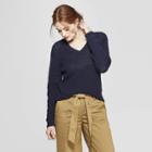 Women's Long Sleeved V-neck Pullover Sweater - A New Day Navy (blue)