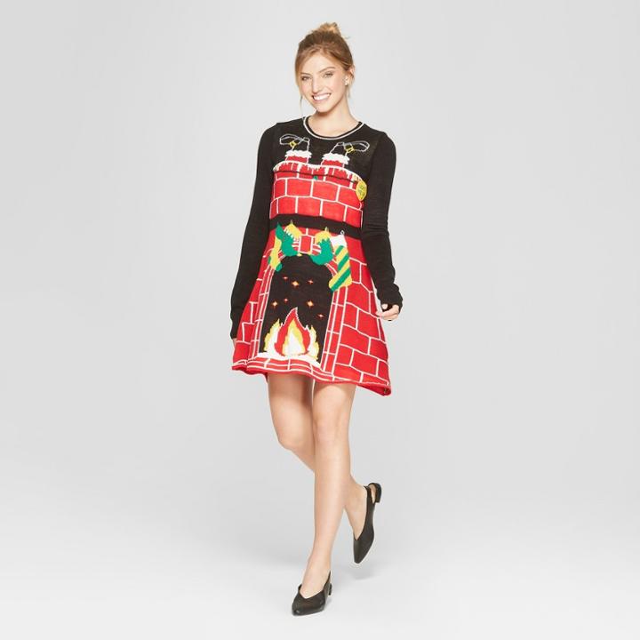Women's Ugly Christmas Cozy Fireplace Dress - Born Famous (juniors') Red