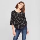 Women's Plaid 3/4 Sleeve Knot Front Top - 3hearts (juniors') Black/ivory M,
