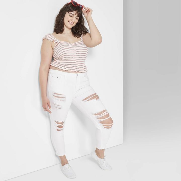 Women's Plus Size High-rise Destructed Skinny Jeans - Wild Fable White