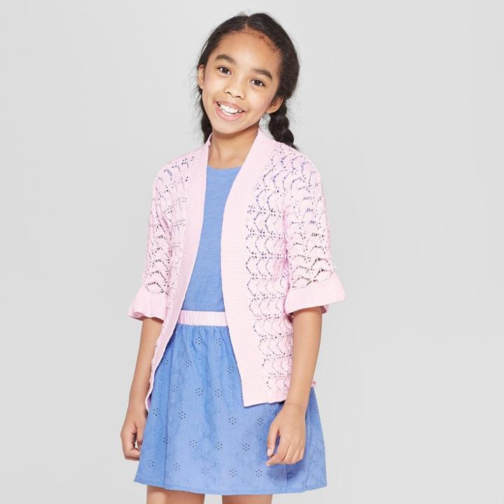 Girls' Ruffle 3/4 Sleeve Cardigan - Cat & Jack Pink