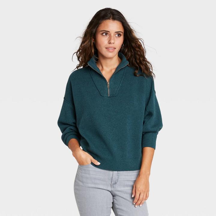 Women's Mock Turtleneck Cozy Quarter Zip Pullover Sweater - Universal Thread Teal