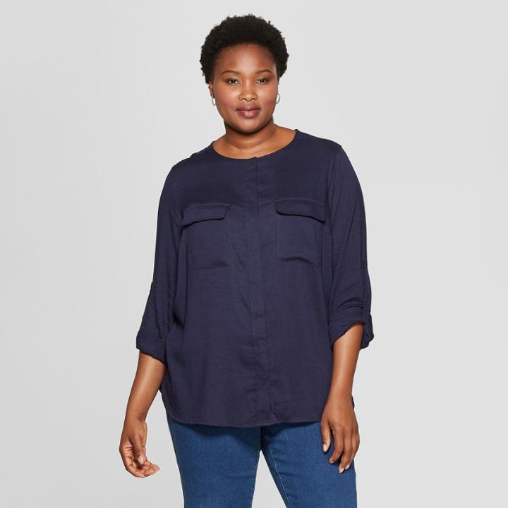 Women's Plus Size Utility Pocket Long Sleeve Shirt - Ava & Viv Navy (blue)