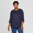 Women's Plus Size Utility Pocket Long Sleeve Shirt - Ava & Viv Navy (blue)