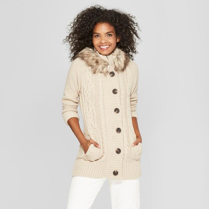 Women's Long Sleeve Button-up Cardigan With Faux Fur Trim - Cliche Tan