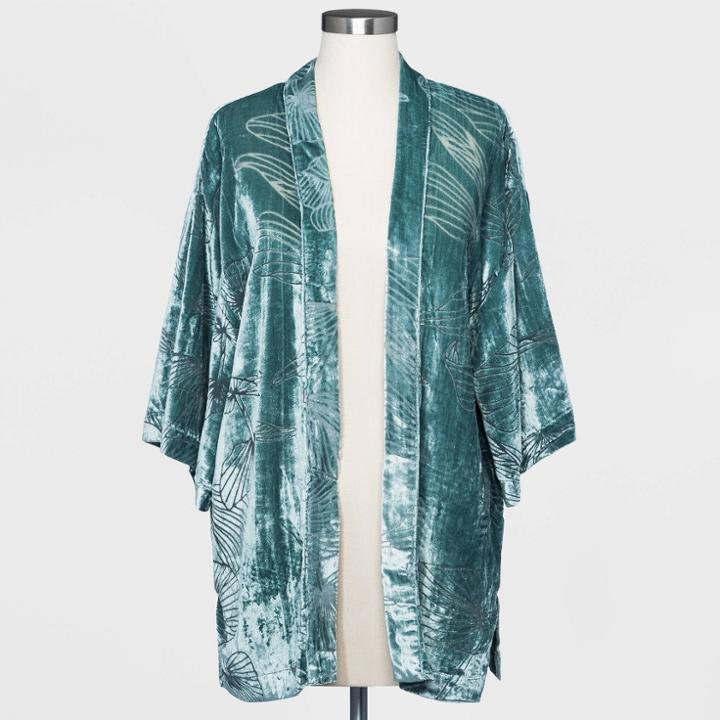 Women's Floral Print Velvet Burnout Kimono Jacket - A New Day Navy