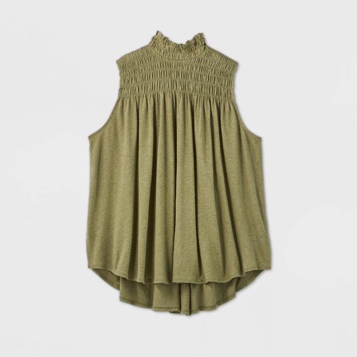 Women's Sleeveless Smocked Linen Top - A New Day Olive