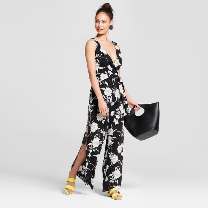 Women's Floral Print Ruffle Front Jumpsuit - Necessary Objects Black