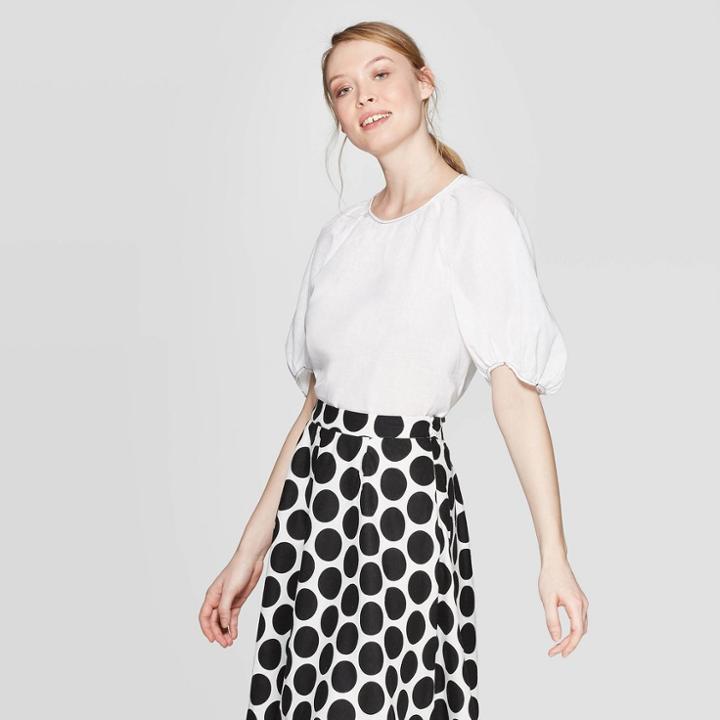 Women's Short Puff Sleeve Scoop Neck Top With Contrast Stitch - Who What Wear White Xl, Bright White